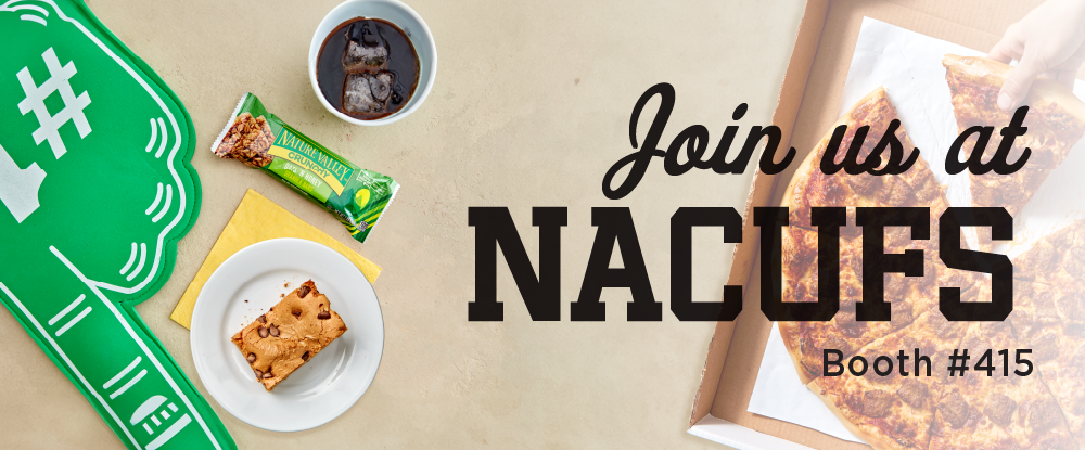  A promotional banner for General Mills Foodservice at NACUFS Booth 501. The banner features a foam finger, a Nature Valley granola bar, a croissant on a napkin, a cup of coffee, and a small football, with the text 