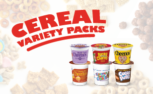 six variety of cereal piece piles surrounding a pack of six cereal cups