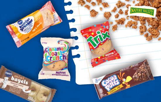 A variety of General Mills K-12 Product sitting on a dark blue background with granola pieces scattered across it