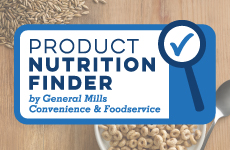 Product Nutrition Finder by General Mills Convenience & Foodservice. The image features a magnifying glass icon and a bowl of cereal in the background, emphasizing easy access to nutrition facts.