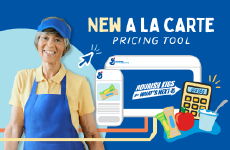 Smiling cafeteria worker in a yellow polo and blue apron and cap stands beside icons representing the 