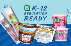 K-12 Regulation ready icon on a two-toned blue background featuring an assortment of cereals and yogurts that are regulation ready