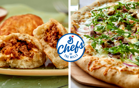 Biscuit stuffed with taco filling and arugula, mushroom pizza