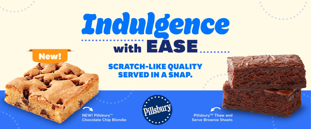 Two square brownies stacked on top of one another with the text, Indulgence with ease. Scratch-like quality served in a snap.