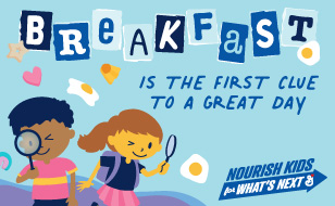 Catch the breakfast wave. Solutions that boost participation. Light blue sky background with sandy yellow beach illustration and yellow sun. Blue surfboard in sand. Illustrated wave of milk splashing. Blue bowl of brown circular cereal rides the wave. Spoon is dug into sand by handle.